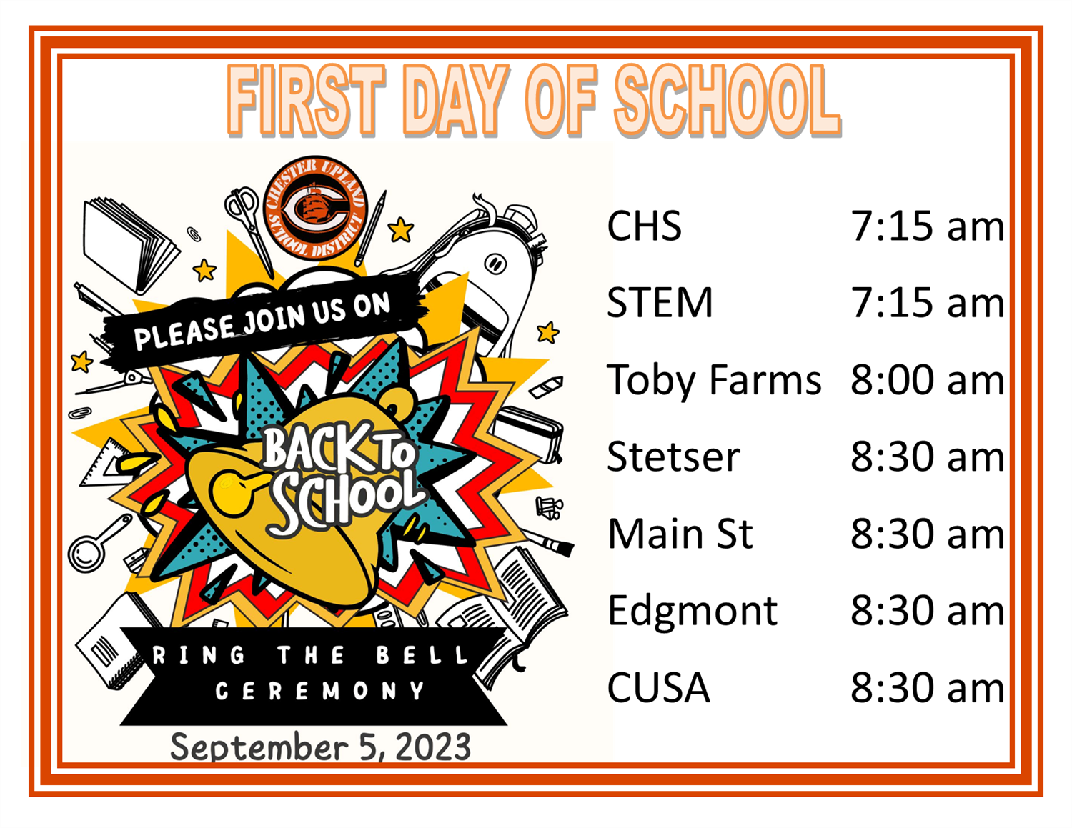  multicolored school supplies & CUSD logo with date/times of bell ringing ceremonies